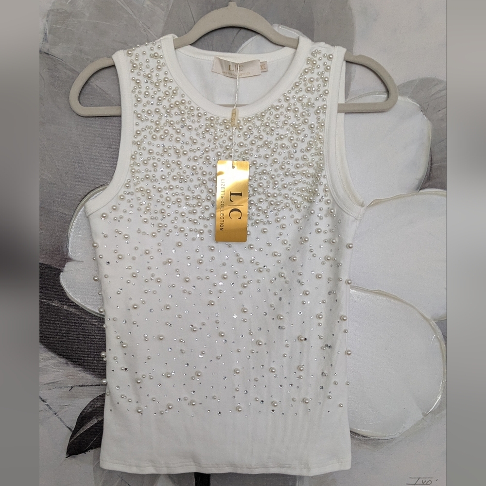 L/C Lizette Collection Faux Pearl / Crystal Embellished Ribbed Tank X Large Nwt